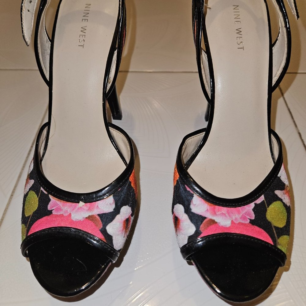 Nine West Floral Silk Patent Leather Platform High Heel Sandal Size 9 1/2